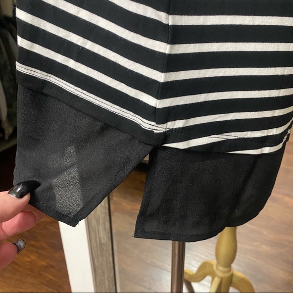 Premise | Striped Sheer Edge Longline Black & White Tee Shirt Blouse - Picture 4 of 11